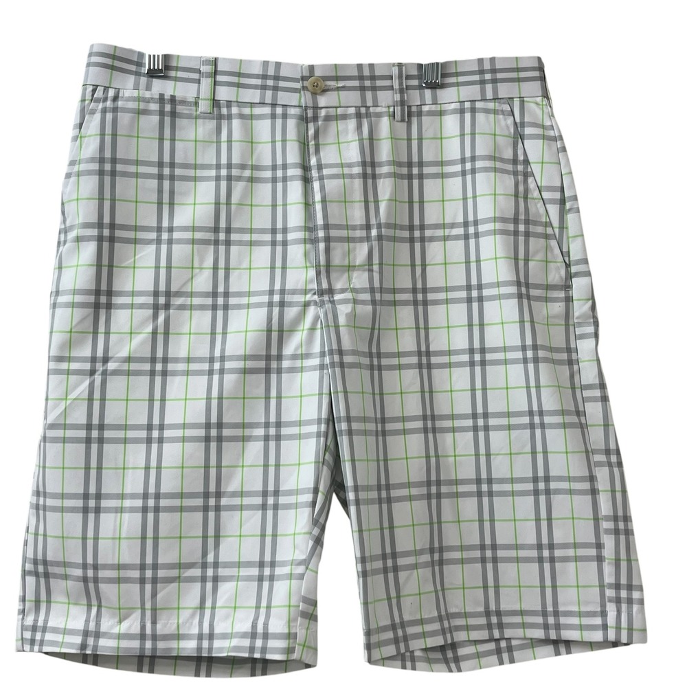 Ben Hogan Performance Golf Shorts Men's 34 White‎ Grey Lime Green Plaid Check